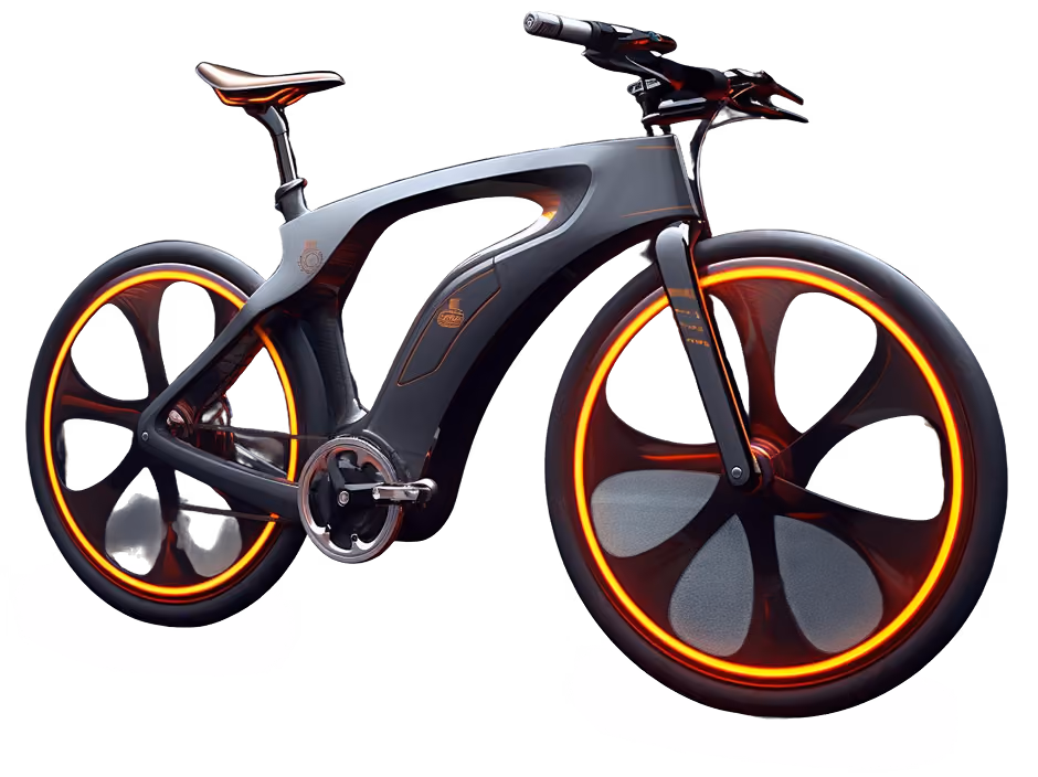 Futuristic black and orange electric bicycle with glowing wheel rims and aerodynamic design.