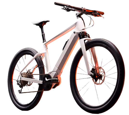 Sleek white electric mountain bike with thick tires and disc brakes on black background.