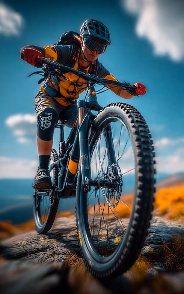 Mountain biker wearing helmet and goggles riding on rocky terrain under blue sky.