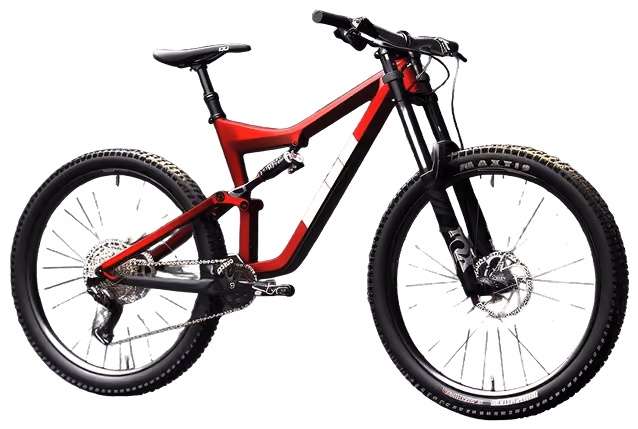 Red and black full-suspension mountain bike with thick tires and disc brakes.