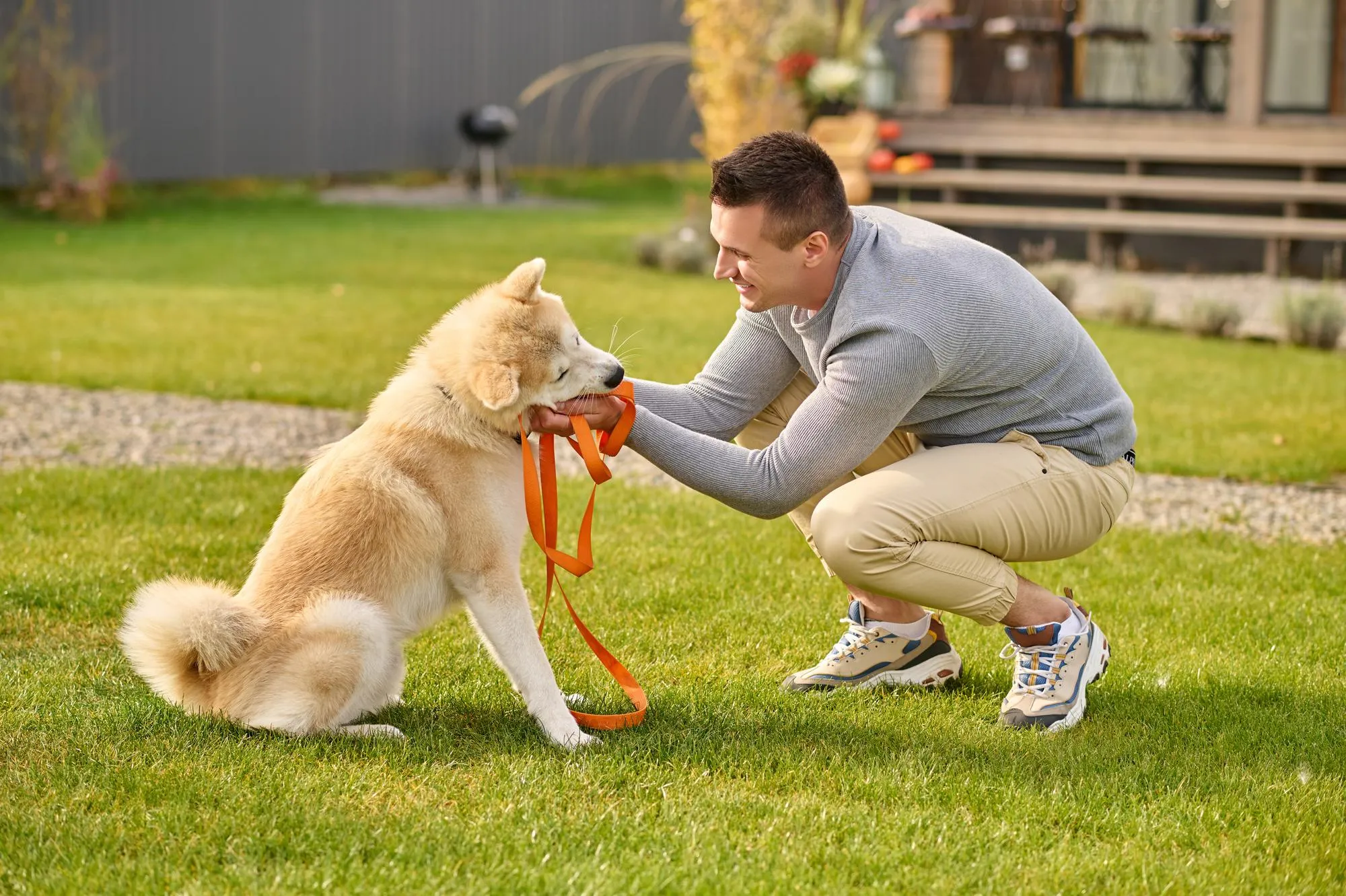 A man is playing with a dog on a leash.