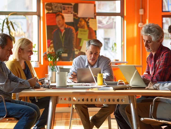 Five people sitting around a table in a bright orange office, working with laptops and papers during a meeting.