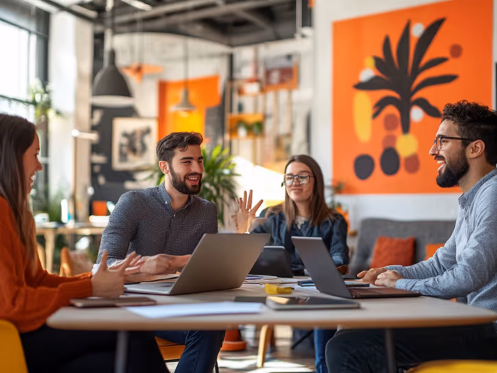 Four young professionals smiling and discussing work around a table with laptops in a modern, colorful office.