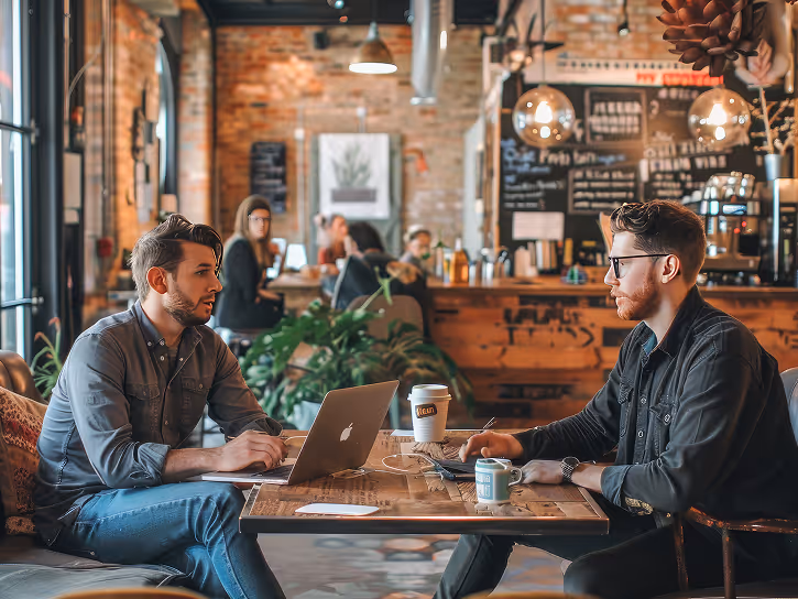 Two men sitting across from each other at a wooden table in a cozy coffee shop, one with a laptop and the other with a smartphone, both engaged in conversation.