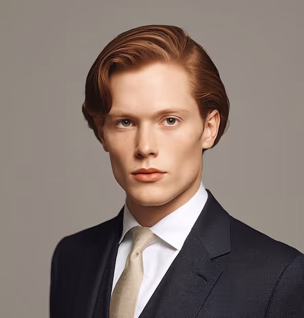 Portrait of a young man with styled light brown hair wearing a dark suit, white shirt, and beige tie against a plain beige background.