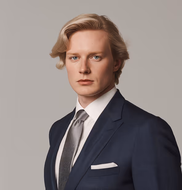 Portrait of a young man with blonde hair wearing a navy suit, white shirt, and silver tie against a plain beige background.