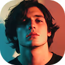 Young man with medium-length dark hair looking slightly upward with a serious expression, lit with teal and orange lighting.