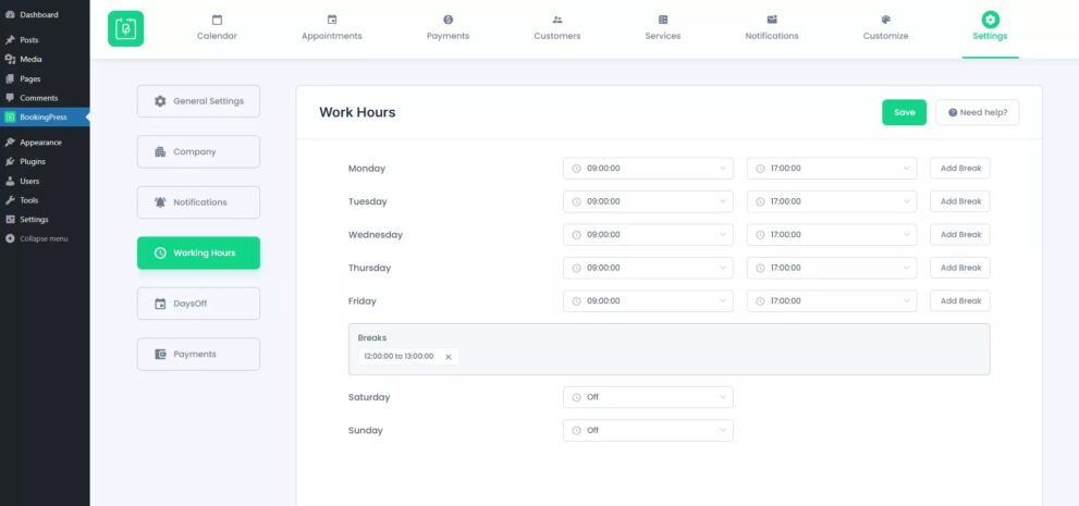 BookingPress Pro Pack 后台预约日历界面截图，展示服务项目与时间槽管理功能