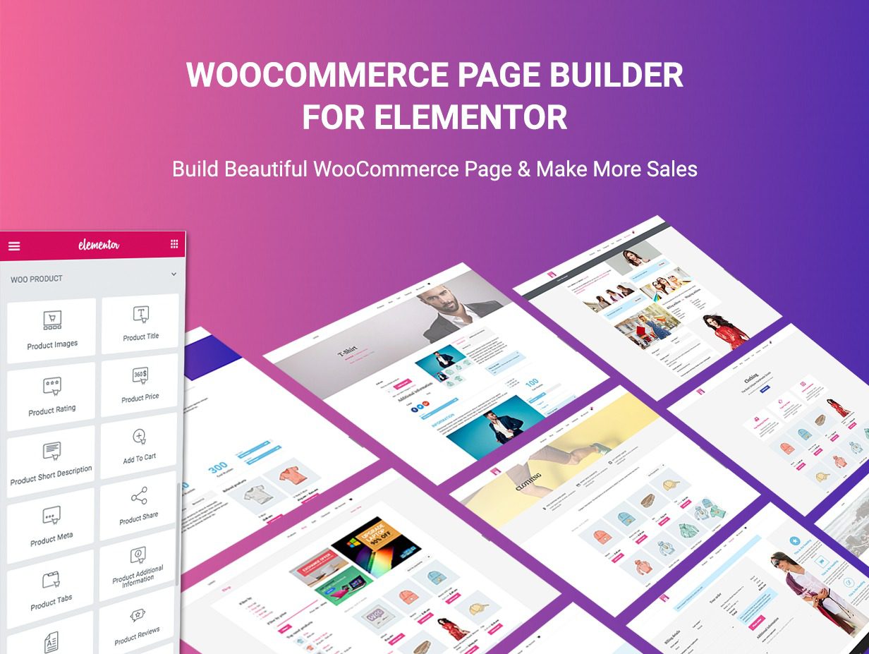 WooCommerce Page Builder For Elementor 后台界面截图，展示拖拽式编辑器和产品布局配置选项