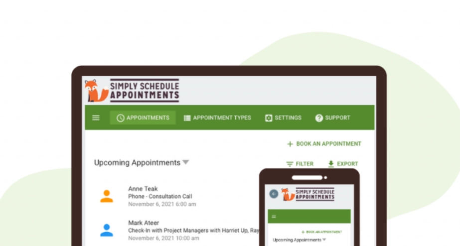 Screenshot of Simply Schedule Appointments Professional Edition backend settings interface, showing main configuration options like appointment types, working hours, and notification templates