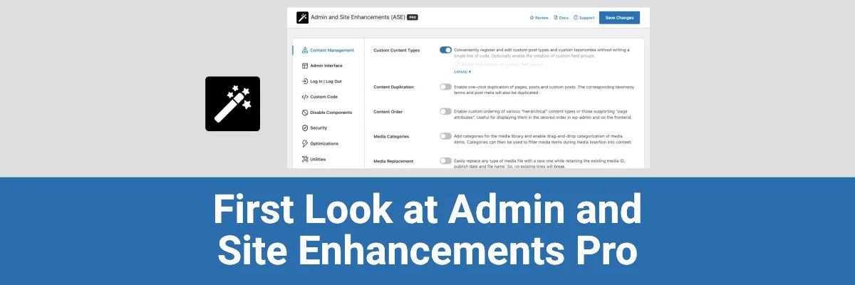Admin and Site Enhancements (ASE) Pro backend settings interface screenshot showing modular feature toggles and configuration options
