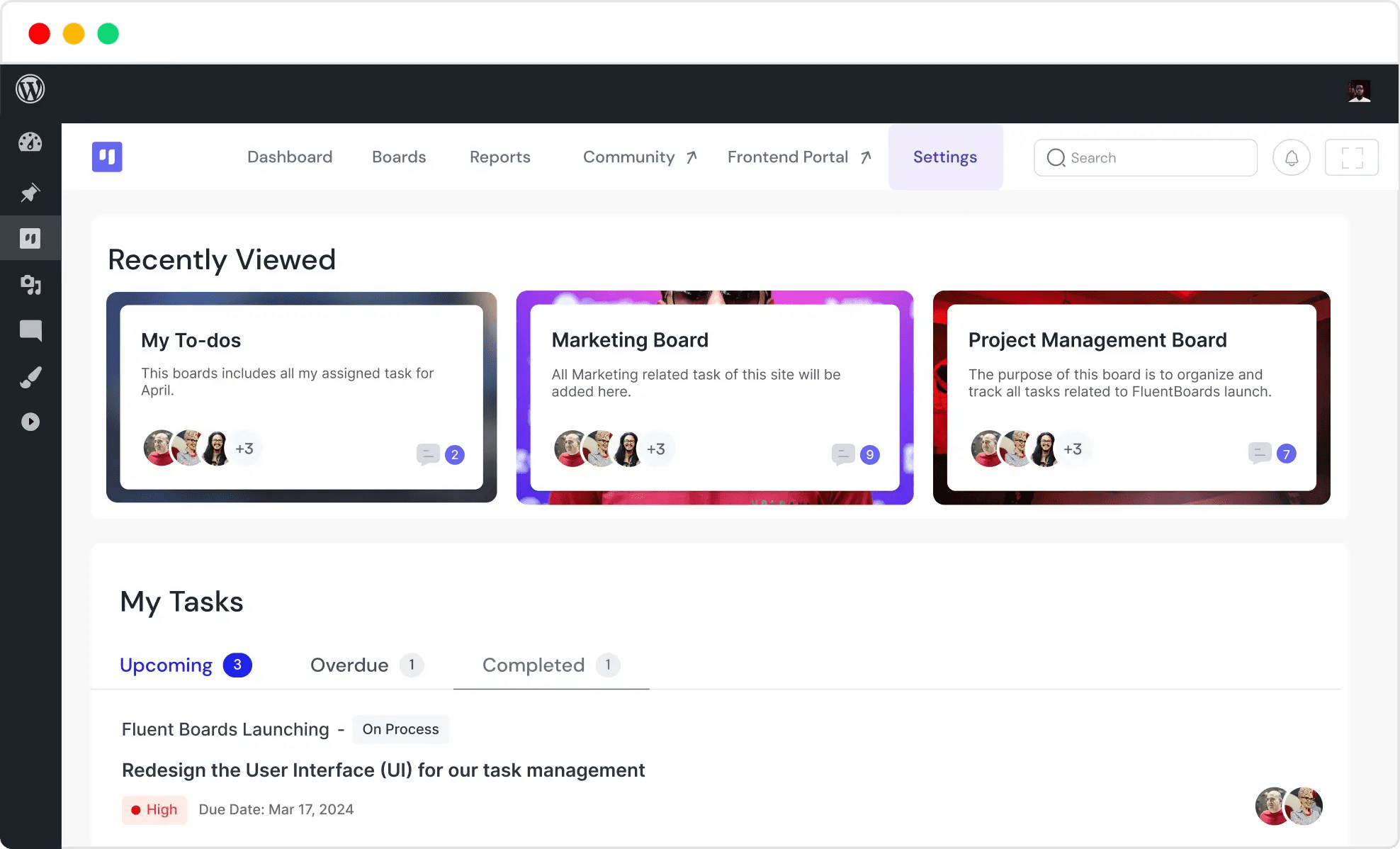 Screenshot of the Fluent Boards Pro plugin's project management interface in the WordPress admin panel, showing a Kanban view and task list