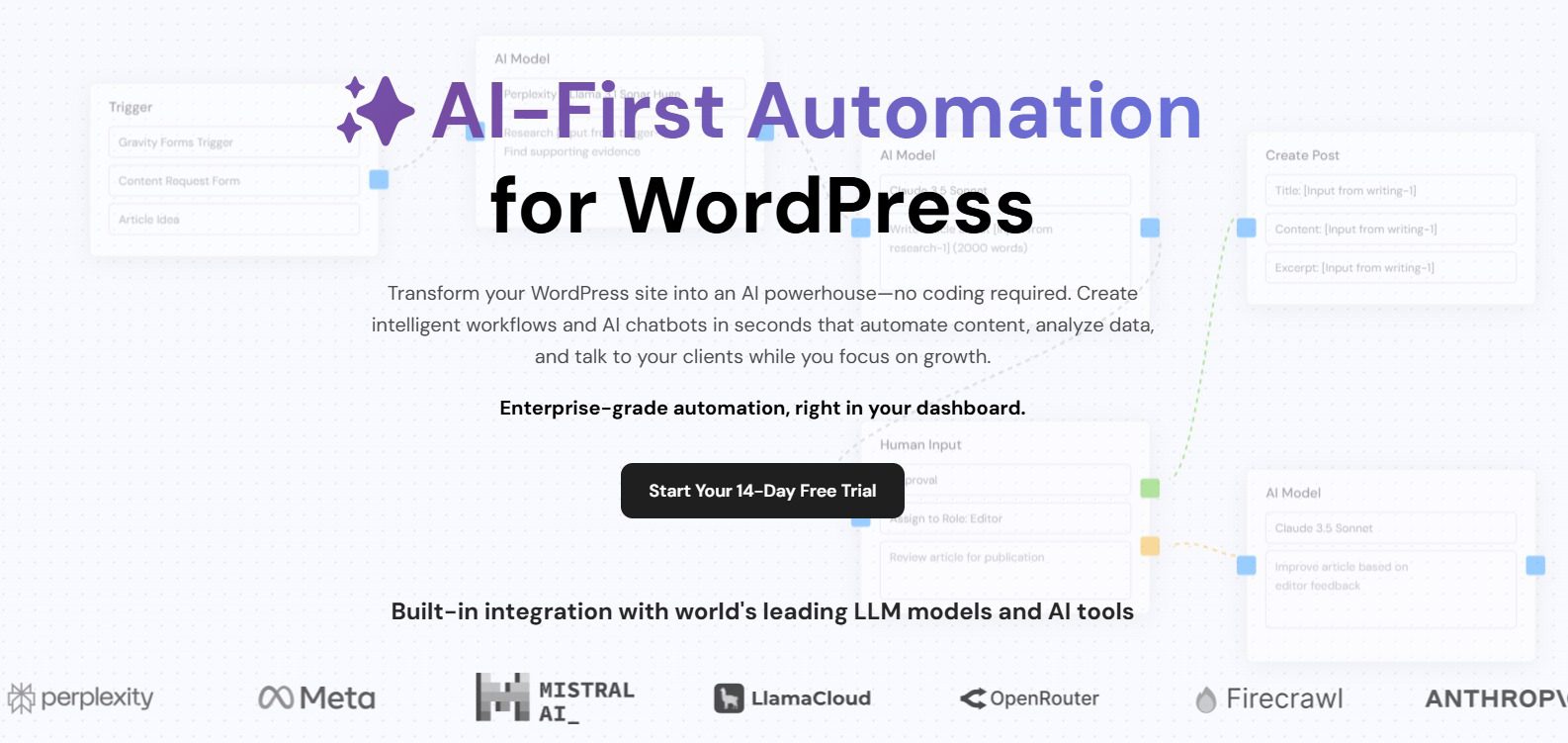 AI Workflow Automation Pro 后台主界面截图，展示可视化工作流构建器和自动化任务列表