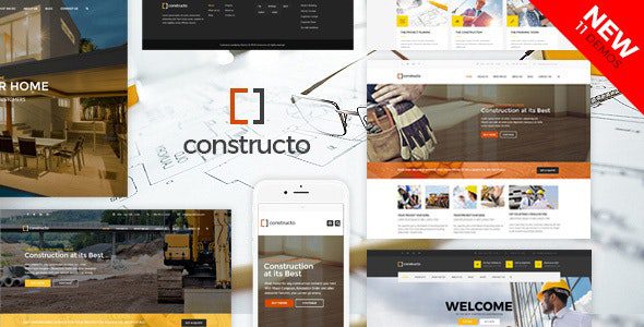 Constructo construction industry WordPress theme front-end demo page, showcasing project case grid and company service module layout