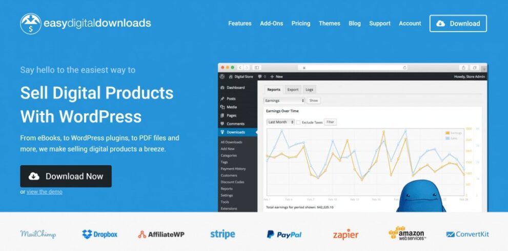 Easy Digital Downloads Pro后台仪表盘界面截图，展示销售统计与收入报表功能