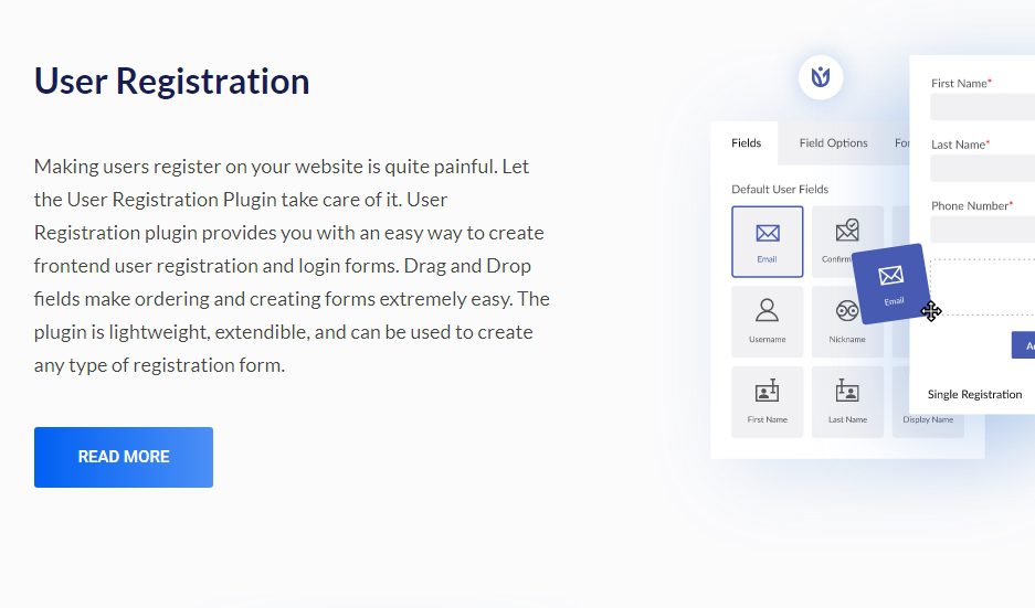 Screenshot of the WPEverest User Registration Pro backend form builder interface, showing the drag-and-drop editor and custom field configuration options
