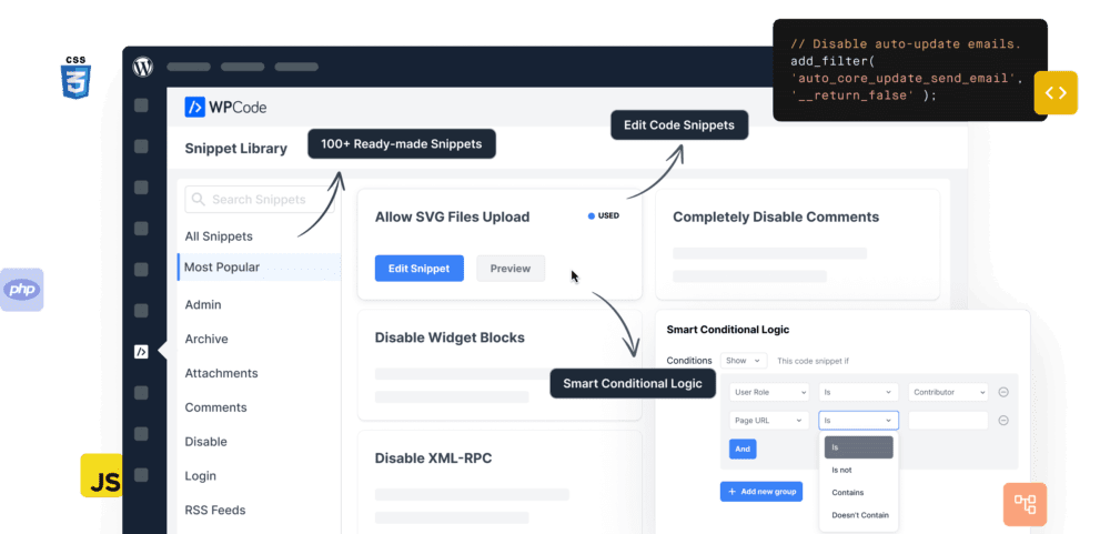 Screenshot of the WPCode Pro plugin admin interface, showing the code snippet list and category filtering options