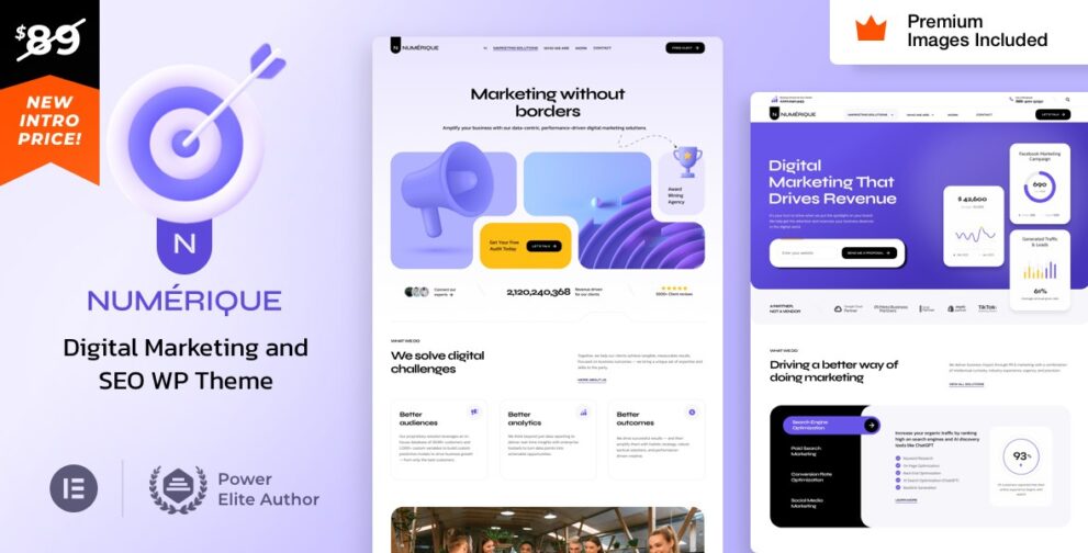 Numérique Digital theme backend dashboard interface, showcasing core functional modules such as site statistics, article management, and plugin configuration