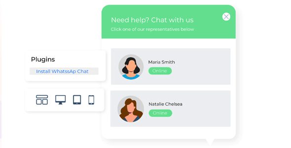 WhatsApp Chat (WP Social Chat) plugin front-end chat window display, featuring floating button and dialog interface