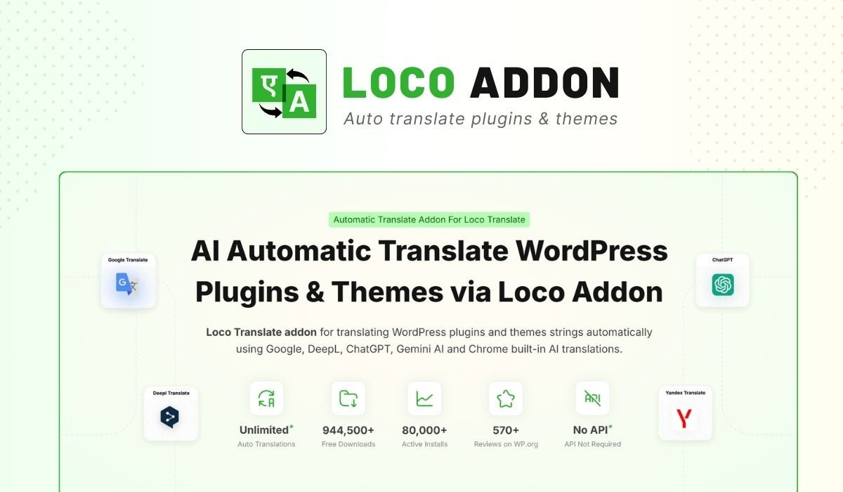 LocoAI 插件在 WordPress 后台的仪表盘界面截图，展示自动翻译功能与 AI 引擎选择选项