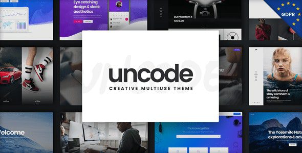 Uncode theme professional review complete guide cover image, showcasing the Uncode backend interface and various demo template layouts