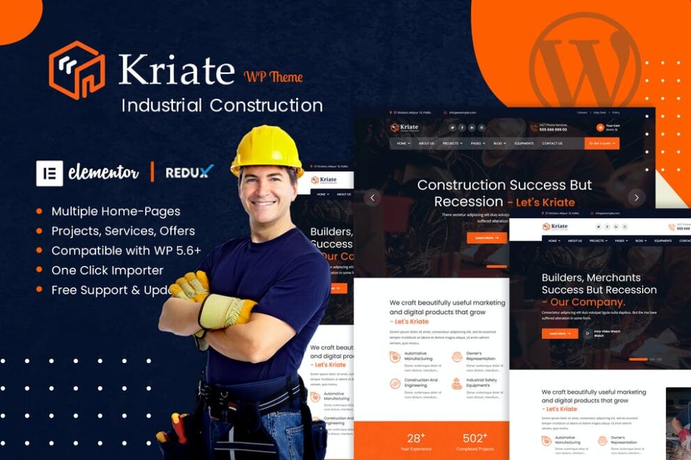 Kriate industrial construction WordPress theme front-page display showcasing large machinery equipment and construction site visual elements