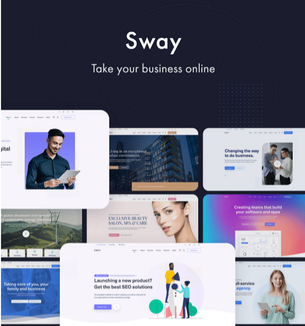 Screenshot of the Sway WordPress theme front-end demo page, showcasing a modern, minimalist layout design and color scheme