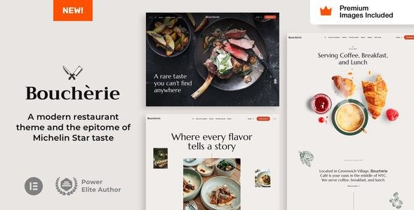 Boucherie v33 steakhouse theme homepage showcase, dark background with gold accents reflecting high-end dining style