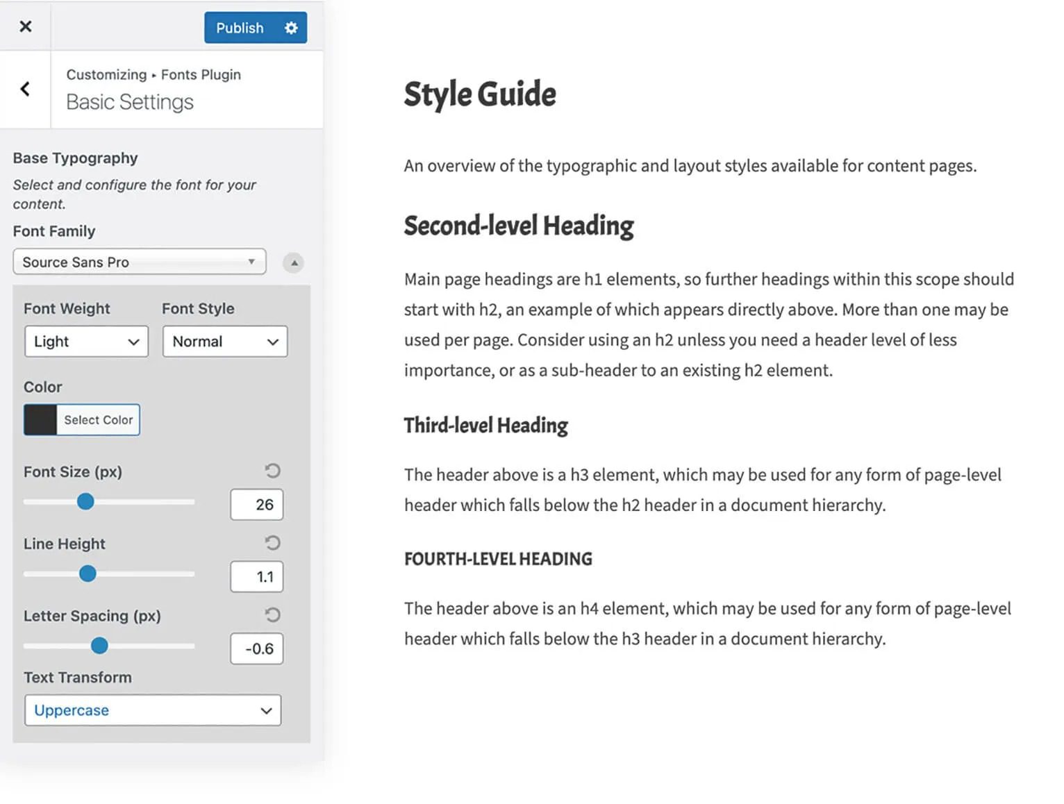 Screenshot of the Fonts Plugin Pro WordPress font plugin admin interface, showing Google Fonts and Adobe Fonts loading options