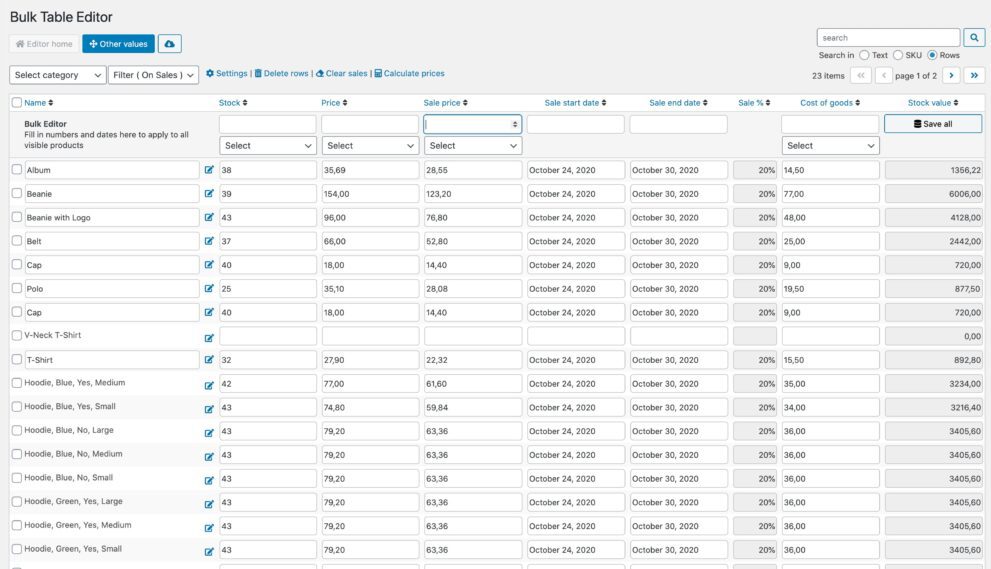 Screenshot of Bulk Table Editor for WooCommerce backend table editing interface, showing bulk product price and inventory modification features