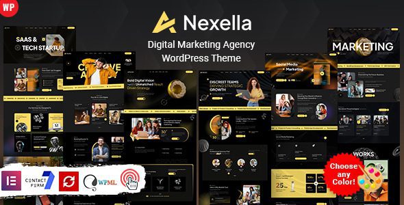 Nexella主题首页布局演示，展示数字营销机构风格的页面设计效果